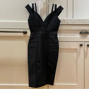 Fitted short sleeve black cocktail dress